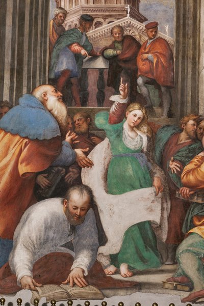 Disputa de Santa Catarina com os Filósofos,1530-32 (fresco) (detalhe de 3601450) de Giovanni Antonio Pordenone