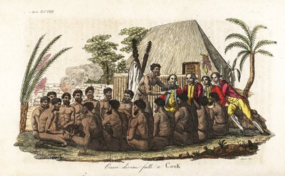 Os nativos havaianos oferecem um porco sacrificial ao Capitão James Cook perante 12 sacerdotes e um ídolo de madeira na casa sagrada de Orono. Placa de cobre colorida à mão gravada por Sasso depois de John Webber, de Giulio Ferrario