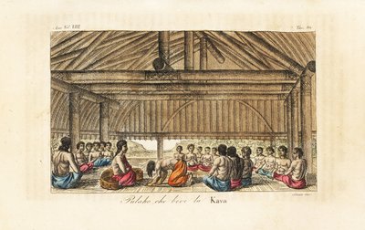 Rei Polaho bebendo kava numa longa casa, Tonga (Ilhas Amigas). Placa de cobre colorida à mão gravada por Sasso depois de John Webber, de Giulio Ferrario
