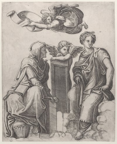 Duas figuras femininas sentadas nas nuvens ladeando um anjo e outra voando acima ..., ca. 1510-25. de Giovanni Antonio da Brescia