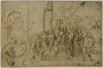 Acrobatas a atuar perante uma régua (anverso); Cena exterior com grupo de figuras (verso) de Giovanni Antonio da Pordenone