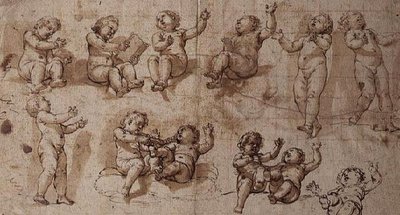 Estudos de Putti (caneta, tinta, lavagem e giz) de Giovanni Baglione