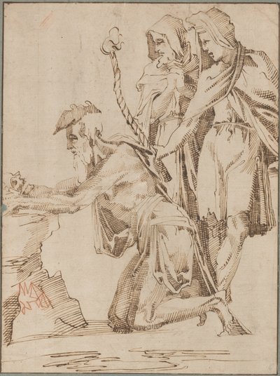 Eremita ajoelhado e duas figuras drapejadas contemplando um crânio de Giovanni Bandini