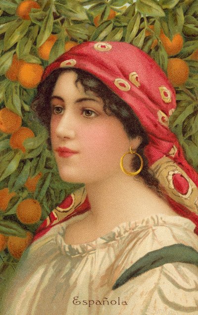 Retrato de uma mulher espanhola com uma laranjeira (cor litho) de Giovanni Barbaro