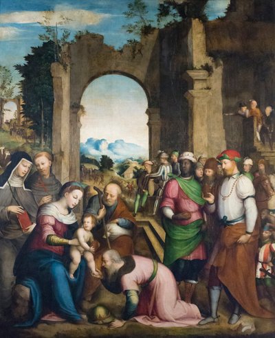 Adoração dos magos com Santa Clara e Francisco, c.1510 (óleo sobre painel) de Giovanni Battista (1489 1561) Volponi