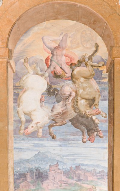 A Carruagem do Sol conduzida pela Apollo mergulhando em direcção à Terra, muro oriental da Apollo Loggia, c.1560 (fresco) de Giovanni Battista and Cambiaso Luca Castello