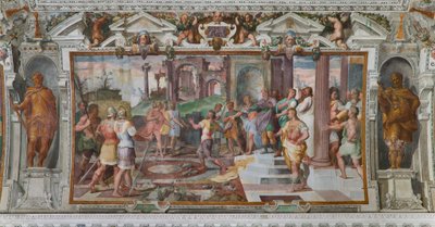 Histórias de Ulisses: detalhe do jogo de atirar pedras na corte dos feacianos, c.1560 (fresco) (detalhe de 3606285) de Giovanni Battista Castello