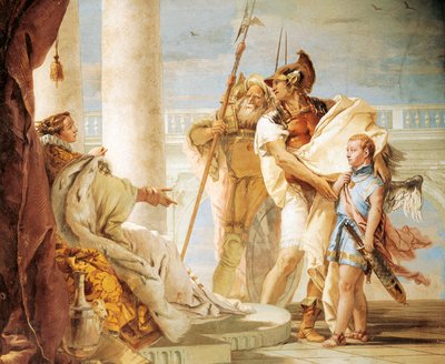 Eneas apresentando Cupido vestido de Ascanius a Dido, de Giambattista Tiepolo (1696-1770), fresco, Sala do Eneido, Villa Valmarana 