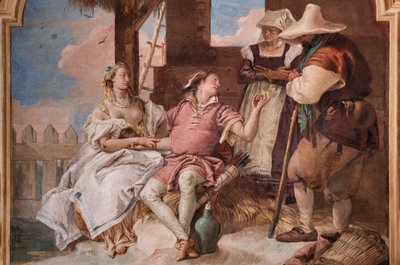 Palazzina (Pequeno Edifício): segunda sala ou sala de Ariosto com frescos representando episódios de "Orlando Furioso": "Angélica e Medoro na casa dos pastores". de Giovanni Battista Tiepolo