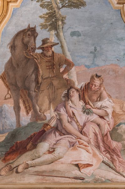 Palazzina (Pequeno Edifício): segunda sala ou sala de Ariosto com frescos representando episódios de "Orlando Furioso": "Angelica cuida das feridas de Medoro". de Giovanni Battista Tiepolo