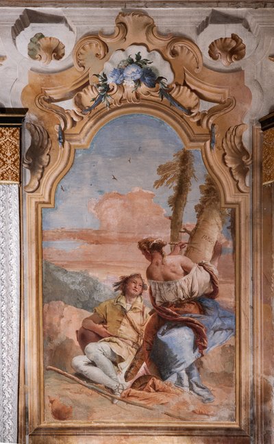 Palazzina (Pequeno Edifício): segunda sala ou sala de Ariosto com frescos representando episódios de "Orlando Furioso": "Angélica e Medoro gravam os seus nomes na casca das plantas". de Giovanni Battista Tiepolo