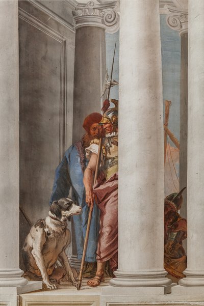 Palazzina (Prédio Pequeno), hall de entrada: "A Frota Grega em Aulide", detalhe representando um cão e um soldado de Giovanni Battista Tiepolo