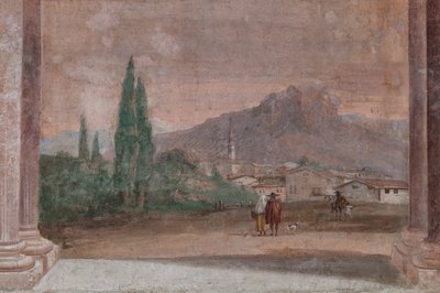 Palazzina (Prédio Pequeno): vista da primeira sala e seus afrescos representando episódios da Ilíada: "Cupido com flechas voando sobre uma paisagem veneziana", detalhe sobre a paisagem de Giovanni Battista Tiepolo