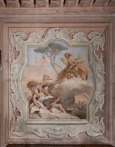 Palazzina (Prédio Pequeno): vista do quarto quarto ou de Torquato Tasso, com afrescos representando episódios de "Jerusalém Entregue": "A bruxa Armida vê Rinaldo, que está dormindo, e se apaixona por ele" de Giovanni Battista Tiepolo