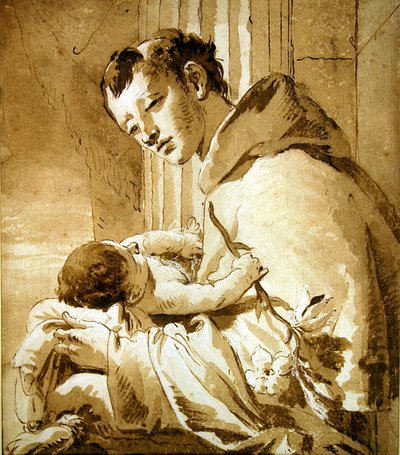 Santo Antônio Segurando a Criança Cristo (caneta, tinta marrom e lavagem) de Giovanni Battista Tiepolo