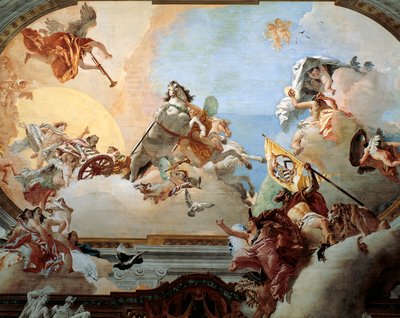 Alegoria criada para o casamento de Lodovico Rezzonico e da nobre veneziana Faustina Savorgnan em 1758, por Giambattista Tiepolo (1696-1770), fresco, Ca 