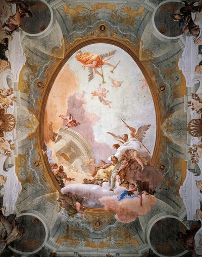 Alegoria do Mérito acompanhada pela Nobreza e Virtude, de Giambattista Tiepolo (1696-1770). Tecto da Sala do Trono, Ca 