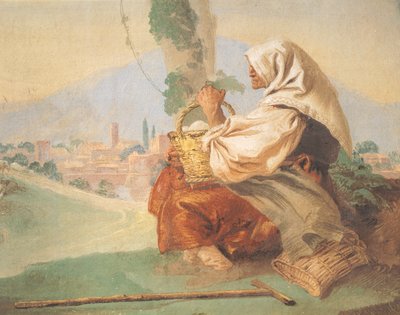 Paisagem tem o camponês Um homem velho sentado, com a cabeça coberta por um homem ensanguentado a esconder a sua cara de Giovanni Battista Tiepolo
