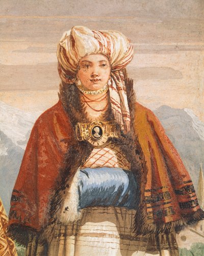 Caminhada de inverno, por Giambattista Tiepolo (1696-1770), afresco, detalhe, O quarto gótico, Bairro dos hóspedes de Villa Valmarana ai Nani, Vicenza, Itália de Giovanni Battista Tiepolo