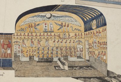 Secção do túmulo de Psammuthis em Tebas, descoberto e aberto por Belzoni em 1818 (litografia colorida à mão) de Giovanni Battista (after) Belzoni