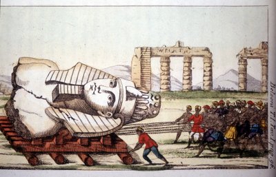 Transporte do busto de Memnon nas margens do Nilo por Belzoni. Giovanni Battista (Gianbattista) Belzoni (1778-1823), explorador e arqueólogo italiano, fez importantes descobertas arqueológicas no Egito. Gravura - em "Viaggio in Egitto e de Giovanni Battista (after) Belzoni