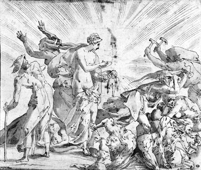O mito da caixa de Pandora, desenho do Rosso de Giovanni Battista (after) Rosso