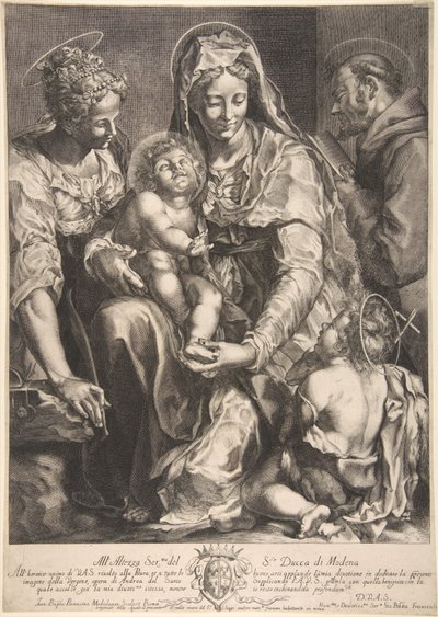 Virgem e Menino com Santa Catarina, Francisco de Assis e João Batista, meados do século XVII. de Giovanni Battista Bonacina