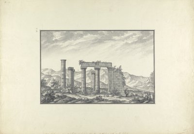 Vista das ruínas de um templo iônico em Sardes, provavelmente o Templo de Netuno, c.1750 (lavagem cinza, caneta e tinta e lápis sobre papel) de Giovanni Battista Borra