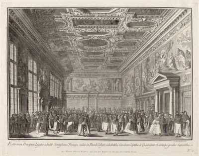 Recepção pelo Doge dos Embaixadores Estrangeiros na Sala del Collegio, 17631766. de Giovanni Battista Brostoloni