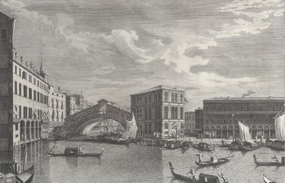 A Ponte Rialto, Veneza, com barcos e gôndolas na água, 1763. de Giovanni Battista Brostoloni