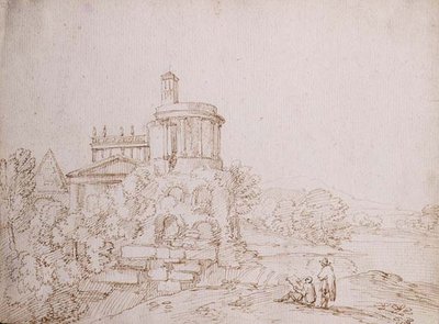 Fantasia, Vista com a Pirâmide de Caius Cestus e o Templo das Sibilas (tinta marrom sobre giz preto sobre papel) de Giovanni Battista Busiri