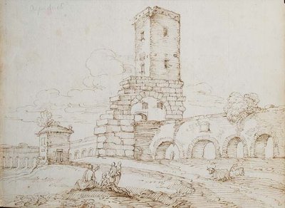 Figuras em frente de um Aqueduto (tinta castanha sobre giz preto no papel) de Giovanni Battista Busiri