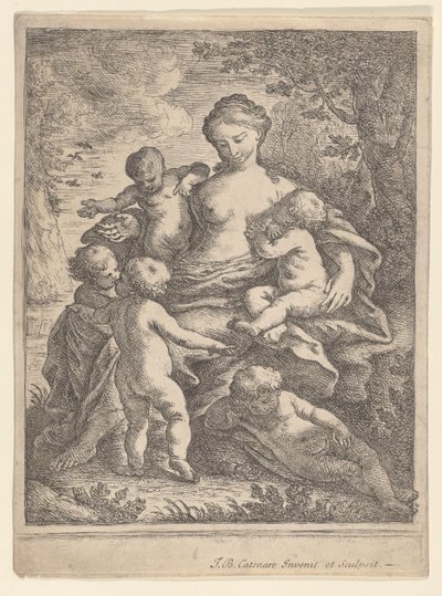 Charity, sentado em uma paisagem cercada por cinco crianças nuas, 1692-1727. de Giovanni Battista Catenaro
