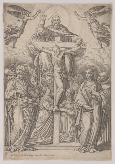 A Trindade, com a crucificação no centro e santos em ambos os lados, 1586. de Giovanni Battista Cavalieri