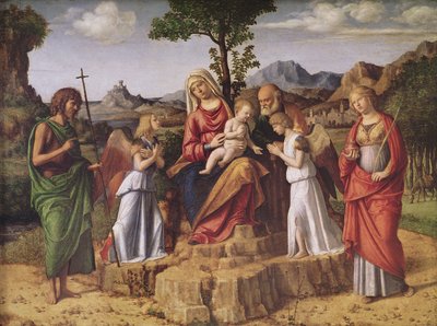 Santa Conversa (A Sagrada Família rodeada de anjos, Santa Luzia e São João Batista), parando antes do vôo para o Egito, c.1490 de Giovanni Battista Cima da Conegliano
