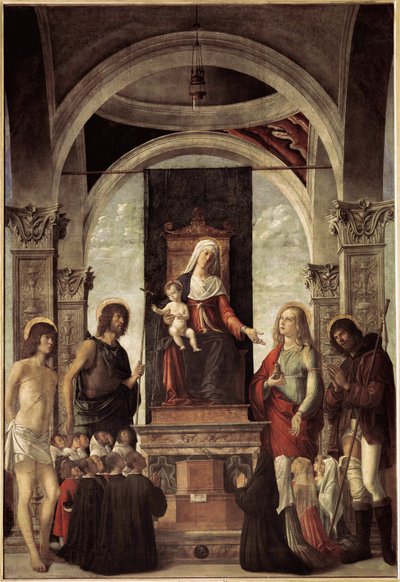 Santa conversa, virgem com criança rodeada por São João Batista, São Sebastião, São Roch, Santa Maria Madalena (óleo sobre tela, c.1487-1488) de Giovanni Battista Cima da Conegliano