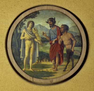Capa de teclado com ilustração de Apollo (com lira) e Marsyas de Giovanni Battista Cima da Conegliano