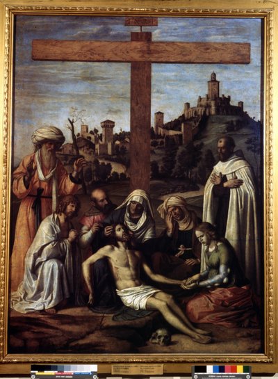 Inscrição "La deposition" "INRI" sur la croix. Peinture de Giovanni Battista Cima da Conegliano (vers 1459-1517) 16eme siecle Dim. 199x148 cm Musee Pouchkine, Moscou de Giovanni Battista Cima da Conegliano