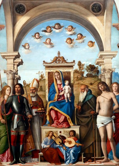 Madonna e criança entronizada com os santos Catherine, George, Nicholas, Anthony Abbot, Sebastian e Lucy de Giovanni Battista Cima da Conegliano