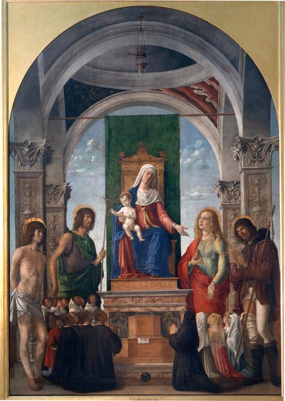 Madonna e Criança Entronizada com São Sebastião, São João Batista, Santa Maria Madalena, São Roch e Membros da Confraria de San Giovanni Evangelista de Giovanni Battista Cima da Conegliano