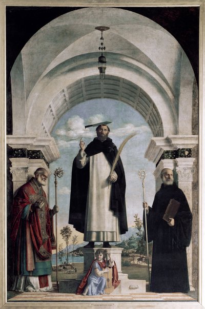 São Pedro de Verona com São Nicolau e São Bento com anjo (óleo sobre painel de Giovanni Battista Cima da Conegliano