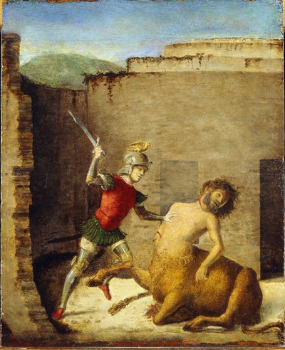 Thesee terrassant le Minotaure (centaure) - Theseus Slaying Minotaur - Cima da Conegliano, Giovanni Battista (ca. 1459-1517) - 1505 - Óleo sobre madeira - 87,4x73,5 - Museo Poldi Pezzoli, Milão de Giovanni Battista Cima da Conegliano