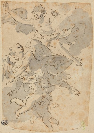 Anjos e Putti (caneta e tinta castanha com lavagem cinzenta sobre carvão; pousado) de Giovanni Battista Crosato