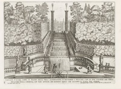 Cascade in de tuinen van de Villa Aldobrandini te Frascati
Cascata acima do teatro da Villa Aldobrandina di Belvedere em Frascati (...) (título sobre o objecto)
Fontes das vilas de Frascati (título da série)
Fonteinen van Frascati (título da série) de Giovanni Battista Falda