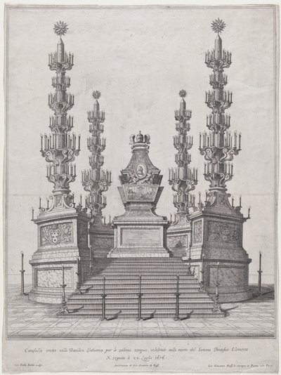 Catafalco para o Papa Clemente X, estrutura central no topo de uma plataforma de quinze degraus, com..., 1676. de Giovanni Battista Falda