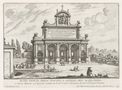 Acqua Paola fountain te Roma
Outra vista da fonte, e do castelo Acqua Paola (título sobre o objecto)
Fontes de Roma (título da série)
Fonteinen van Rome (título da série) de Giovanni Battista Falda