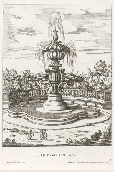 Fonte nos jardins de Villa Doria Pamphilj em Roma
Lilii Pamphylii fons (título sobre o objecto)
Le fontane ne palazzi e ne giardini di Roma (título da série)
Fontes nos palácios e jardins de Roma (título da série) de Giovanni Battista Falda