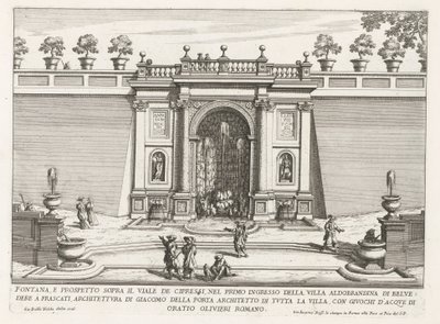 Fontein in de tuinen van de Villa Aldobrandini te Frascati
Fonte e elevação acima da avenida do cipreste (...) (título sobre o objecto)
Fontes nas vilas de Frascati (título da série)
Fonteinen van Frascati (título da série) de Giovanni Battista Falda