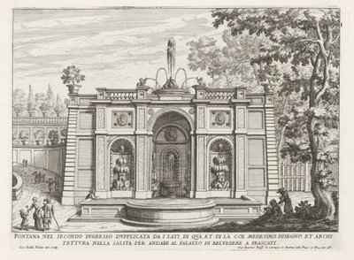 Fontein in de tuinen van de Villa Aldobrandini te Frascati
Fonte na segunda entrada dupplicata da i lati (...) (título sobre o objecto)
Fontes nas vilas de Frascati (título da série)
Fonteinen van Frascati (título da série) de Giovanni Battista Falda
