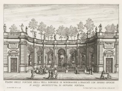 Fontein in de tuinen van de Villa Mondragone te Frascati Teatro das fontes da Villa Borghese de Mondragone em Frascati (...) (título no objeto) Fontes das vilas de Frascati (título da série) Fonteinen van Frascati (título da série) de Giovanni Battista Falda